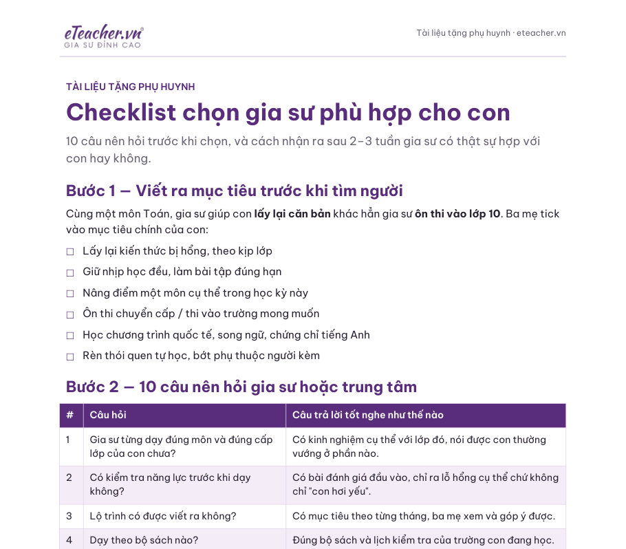 Bìa tài liệu Checklist chọn gia sư phù hợp cho con