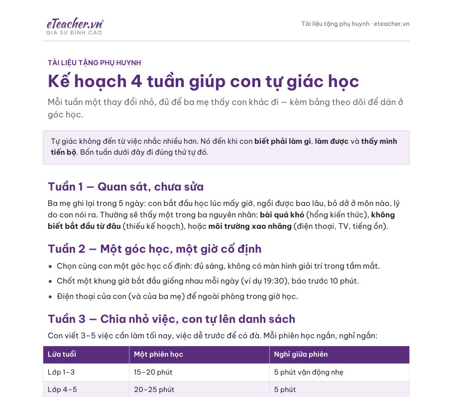 Bìa tài liệu Kế hoạch 4 tuần giúp con tự giác học