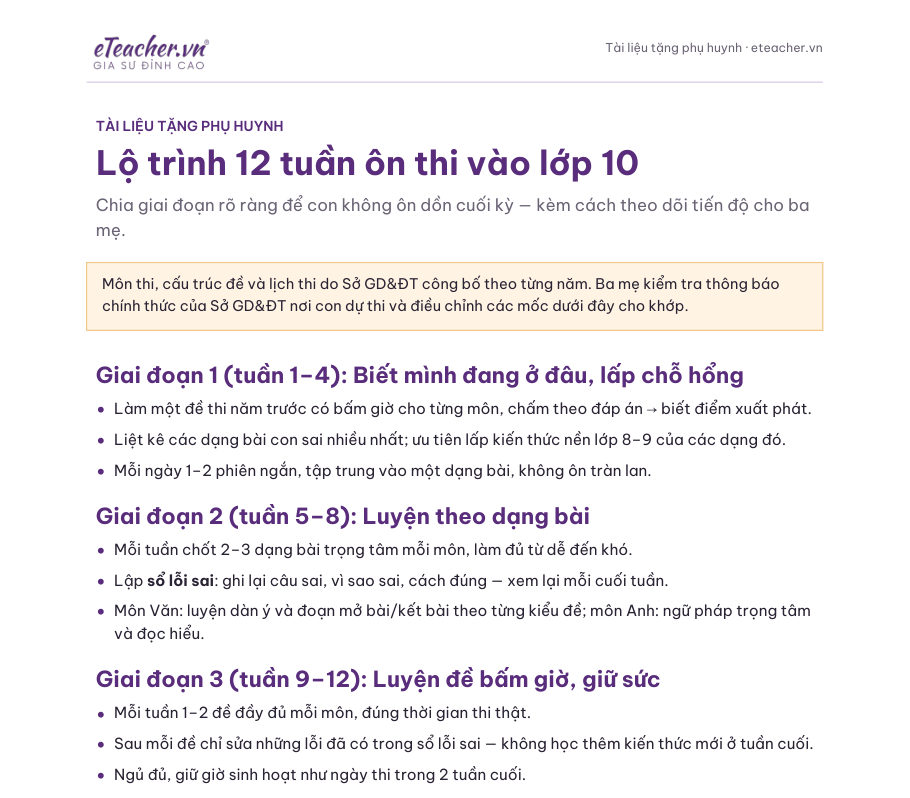 Bìa tài liệu Lộ trình 12 tuần ôn thi vào lớp 10